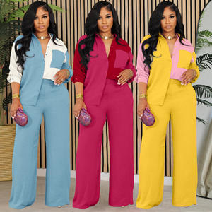 秋季女装拼布设计女式长袖休闲衬衫上衣宽松裤子两件套女式 - Product Image 1