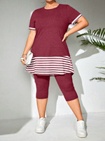 Ensemble de vêtements d'été pour femmes - T-shirt ample à col rond et manches courtes imprimé à rayures et pantalon 7/8 par les fabricants