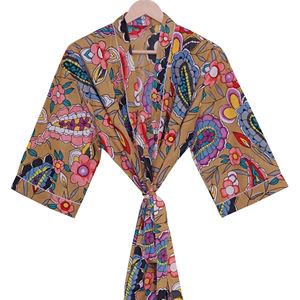 Bata de Baño Tipo Kimono para Mujer, 100% Algodón, Cuello en V, Cierre con Cordón, Largo hasta el Tobillo, Transpirable, Estampado Floral, Estilo Indio, Primavera-Verano - Product Image 1