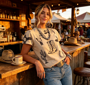 Camiseta de manga corta para <span class=keywords><strong>mujer</strong></span>, estilo western, cuello redondo, con estampado de cactus, botas, herraduras y calaveras, informal, vintage, estilo vaquera, blusa de verano - Product Image 2
