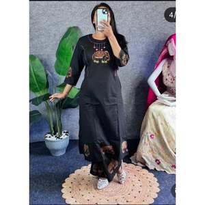 Conjunto Dupatta bordado con pantalón Kurta con cuello redondo y mangas de cuarto de trabajo de espejo Traje étnico indio paquistaní largo para festivo - Product Image 1