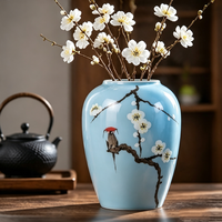 Ensemble de vases en céramique bleu clair peints à la main avec motif Fleur de Prunier et Oiseau, Pots en poterie de Jingdezhen, Nouveauté Wabi-Sabi, Écologique, Décoration pour la maison avec branches séchées