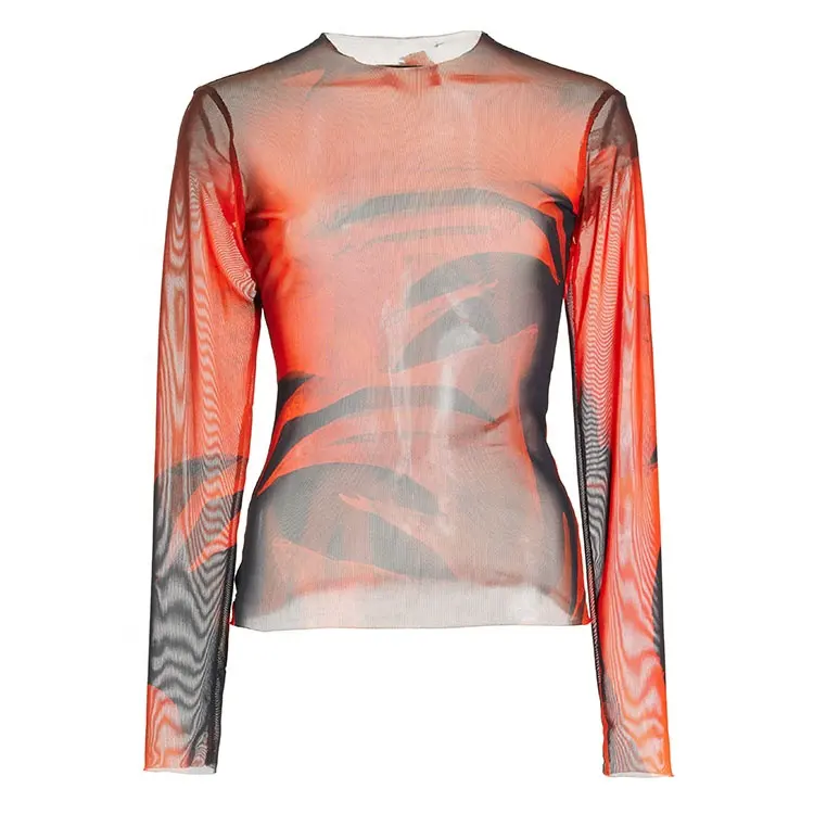 Custom Manufacturer Designer Form fitting Long Sleeve See Through Crew Neck Stretchy Light Weight Women Sexy Mesh Top