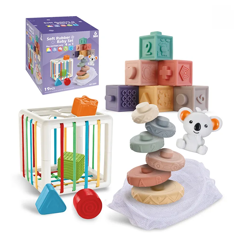 Zhorya montessori bebek 4 in 1 yumuşak kauçuk oyun seti duyusal gelişim silikon bebek eğitici oyuncaklar