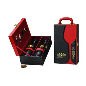 Unique whiskey gift box luxury PU leather wine box with handle custom lock closure sparkling wine glasses box