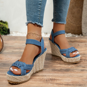 Women New Style Platform Wedge Sandals Summer Thick Sole Denim <b>Large</b> Woven Roman Sandals Wholesale - Product Image 3
