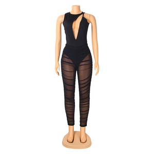 2022 personnalisé en gros dame combinaison livraison directe femmes découpé Sexy voir à travers combinaison maille respirant moulante <span class=keywords><strong>noir</strong></span> combinaisons - Product Image 6