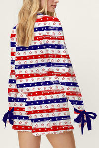 Independence Day <strong>Patriotic</strong> Red Blue Stripe Star Print Long Sleeve Shirt <strong>Shorts</strong> Two Piece Pajama Set Women - Product Image 5