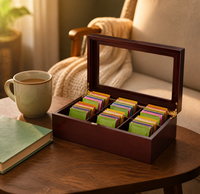 Boîte de rangement en bois pour sachets de thé, très vendue, avec couvercle en verre, pour la maison, la cuisine, l'hôtel, le bureau