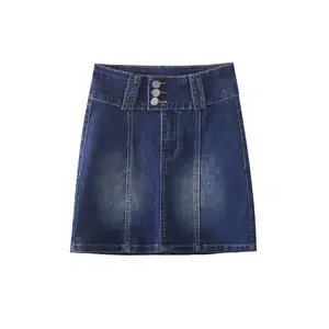 Джинсовая юбка для девочек, эластичная стирающаяся ткань с регулируемой талией, на заказ, с тремя пуговицами, на лето