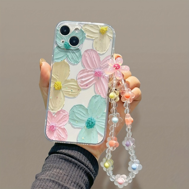 Full Screen Green Flowers Bracelet Transparent  Phone Case with Fashion Pattern Strap Compatible Bulk Order Mobile Phone Covers