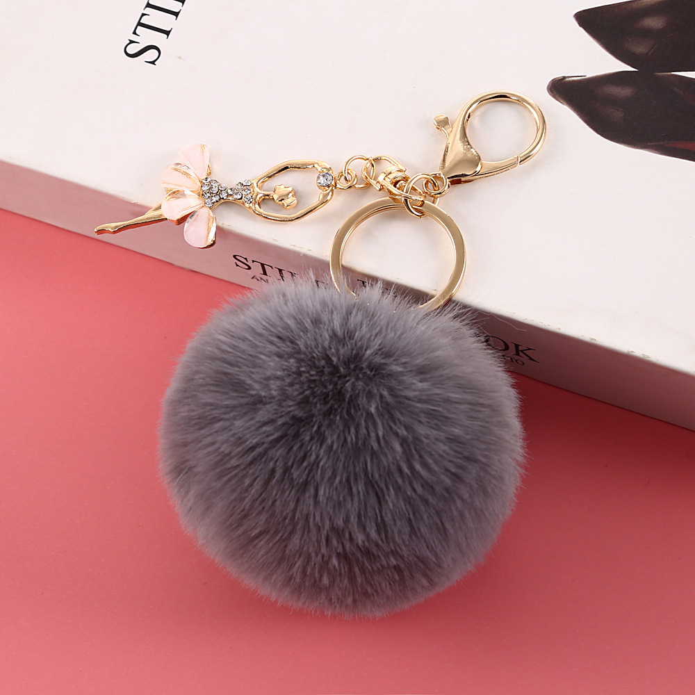 Purple Ballet Girl Pom Pom Keychain | Rhinestone Dancing Girl Fluffy Ball Keyring Charm - View #5