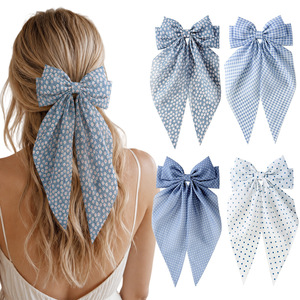 Barrette à cheveux mignonne en mousseline à carreaux floraux avec nœud, motif pois bleus et blancs, ruban long, pour les fêtes et le quotidien - Product Image 3