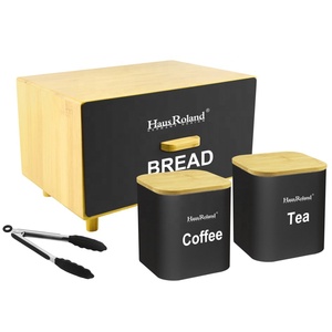 Boîte à pain en métal avec revêtement coloré, boîte à thé, café et sucre avec couvercle en bambou - Product Image 1