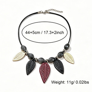 Boho Black Leather Cord Necklace Multicolor Leaf Pendant Smooth Oval Beads Women Vintage Daily Fashion Neck Jewelry - Product Image 2