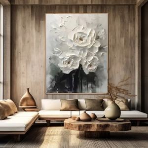 Grande Peinture Murale Moderne en Plâtre Texturé à Fleurs Blanches, Décoration Créative Personnalisée, Cadeau d'Art pour l'Aménagement Intérieur - Product Image 4