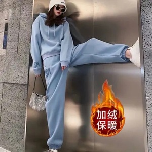 Women's Fleece Lined Tracksuit Set Sky Blue Loose Fit Casual Two Piece Autumn Winter Korean Style Sweatshirt Suit - Product Image 1