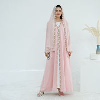 Vêtements islamiques personnalisés pour femmes, robe cardigan abaya, ensemble 2 pièces, abaya en Nida, broderie florale d'été, robe musulmane pour femmes avec hijab