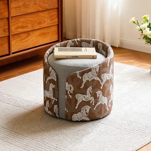 <b>Round</b> <b>Stool</b> Brown Pony Print Fabric Foam Filled Living Room Chair - Product Image 1