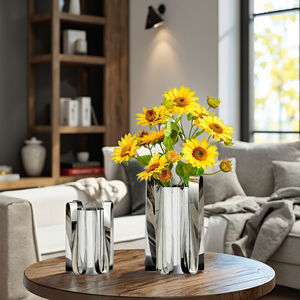 प्रकाश लक्जरी आधुनिक सोने सूखी रंग फूल वेयर चांदी स्टेनलेस स्टील भोजन टेबलटॉप मॉडल कमरे के लिए लहराती वक्र धातु फूलदान पोर्च - Product Image 1