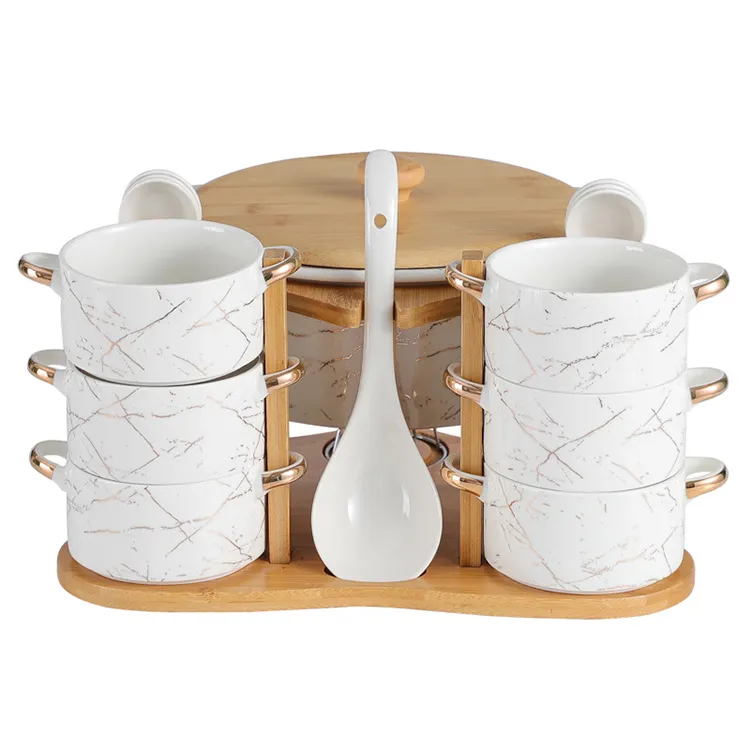 Nordic Style White Marble Design Porzellan Auflauf Keramik Geschirr Suppe Suppen topf und Schüssel Set mit Holz regal