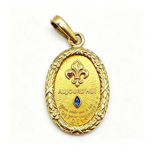 Medalla ovalada chapada en oro con corazón esmaltado de flor de lis y gema azul, amuleto de amor, regalo de aniversario - Product Image 6