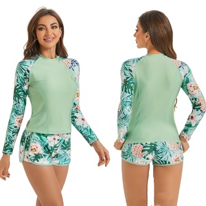 Conjunto de traje de baño de manga larga con estampado Floral de dos piezas para <span class=keywords><strong>mujer</strong></span> Traje de surf de secado rápido con pantalones cortos de cintura elástica con cordón - Product Image 1