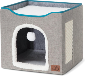 Cuccia per Gatti con Scaffale Contenitore e Tiragraffi a Palla Soffice, Grotta per Gatti Grigia per Scaffale Contenitore Pieghevole Multiplo a Cubo per Gatti - Product Image 1