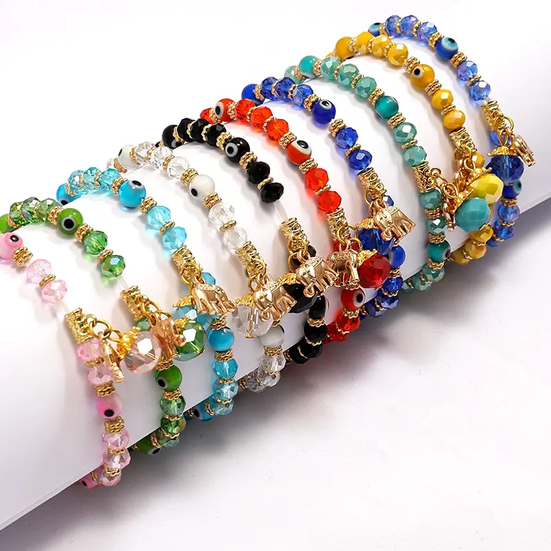 Ins Fashion Crystal Bracelets 6mm Beads Luxury Charms Elastic Gold Charm Evil Eye Elephant Beaded Bracelet for Women Kids