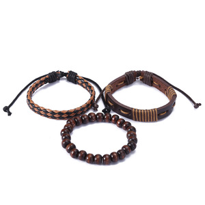 Lot de 3 bracelets ethniques tribaux en perles de <span class=keywords><strong>bois</strong></span> vintage, bracelets ajustables multi-couches tressés, <span class=keywords><strong>bracelet</strong></span> en <span class=keywords><strong>cuir</strong></span> pour <span class=keywords><strong>homme</strong></span> - Product Image 3
