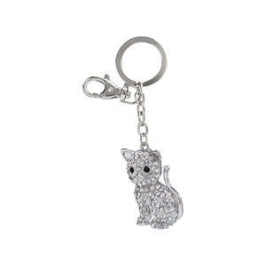 Portachiavi con gattino di cristallo e strass, ciondolo placcato argento per donne e ragazze, accessorio regalo - Product Image 1