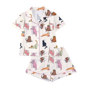 Ensemble pyjama deux pièces pour femme, imprimé chat de dessin animé mignon, col à revers, manches courtes boutonnées, short, vêtements de détente doux, taille personnalisée, grandes tailles - Product Image 6
