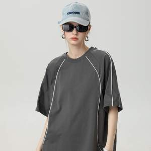 تي شيرت رجالي صيفي ثقيل الوزن من ماركة أزياء، 260 جرام، بأكمام راجلان متباينة الألوان، برقبة دائرية وأكمام قصيرة - Product Image 3