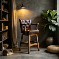 Tabouret de bar pivotant en cuir, dossier haut, capitonnage boutonné, garniture à clous en losange, accoudoirs, pieds en bois, style vintage pour bar, îlot de cuisine