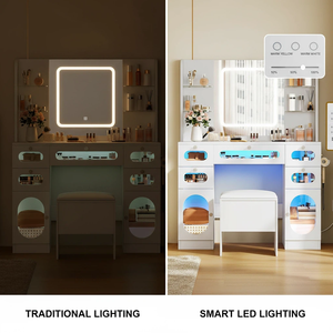Table de toilette moderne blanche avec miroir éclairé <span class=keywords><strong>et</strong></span> prises, 3 couleurs avec luminosité réglable, tables de toilette avec tiroirs - Product Image 5