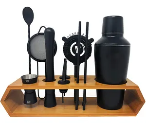12 Piece Premium Black Matte Bar Kit Set with Bamboo Stand