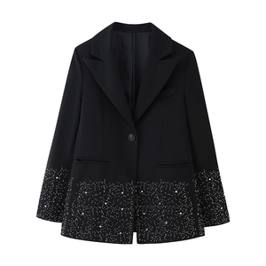Blazer Corto Negro de Mezclilla con Cinturón de Ganchillo Estilo Vintage para Mujer, Moda Casual Holgada, Nueva Colección 2025 para Todas las Temporadas - Product Image 1