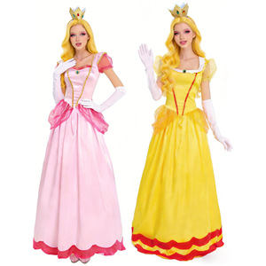 Costume de Cosplay princesse Peach, robe rose et jaune avec gants en forme de couronne pour femmes adultes, ensemble de tenue de spectacle de scène d'halloween - Product Image 5