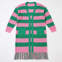Cardigan long en tricot rayé bohème pour femmes grandes tailles, ouvert sur le devant, avec franges et poches
