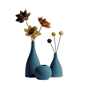 ceramic vases set blue Suppliers-Set of 3 Blue Glazed Ceramic Vase Set Handmade Decorative Vases Dried Floral Arrangements Flower Vases for Home decor