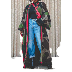 Nouvelle mode automne hiver printemps, cardigan long décontracté pour <span class=keywords><strong>femme</strong></span> en tricot respirant avec boutons, patchwork, blocs de couleur, en spandex - Product Image 1