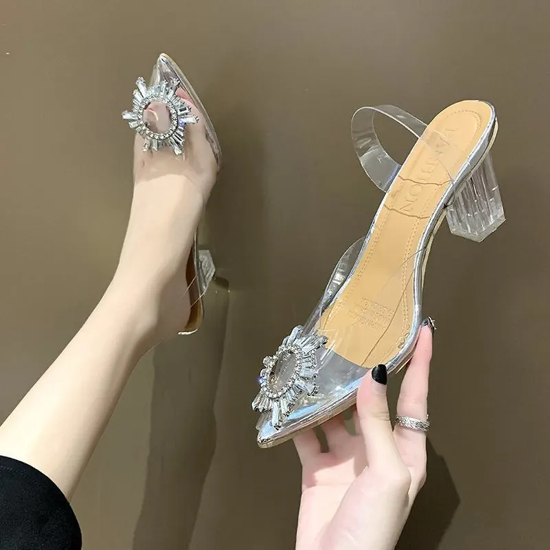 Women crystal upper pointed transparent sandals new designer casual shoes chunky heel non-slip ladies high heel slippers