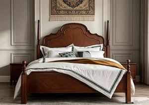 Premium Solid Wood Four Poster <b>Bed</b> Traditional Carved Tall Headboard Queen Size For Bedroom - Product Image 3