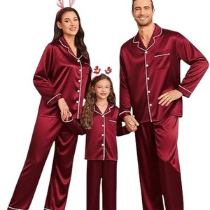 Ensemble de pyjamas en satin doux assortis pour la famille, polyester, rouge vin, manches longues, vêtements de nuit pour adultes et enfants, vêtements de maison pour les vacances - Product Image 5