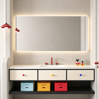 Ensemble de meubles de salle de bain créatif et adapté aux enfants, avec poignées multicolores, armoire flottante et grand miroir LED, fabrication OEM ODM sur mesure