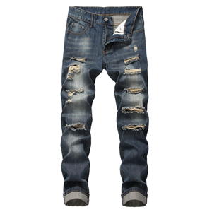 Pantaloni Jeans da <span class=keywords><strong>Uomo</strong></span> di Design alla <span class=keywords><strong>Moda</strong></span> Stile High <span class=keywords><strong>Street</strong></span> con Logo Personalizzato, Strappati, con Lavaggio, Effetto Usurato, Stampa Leggera, Stile Streetwear all'Ingrosso - Product Image 1