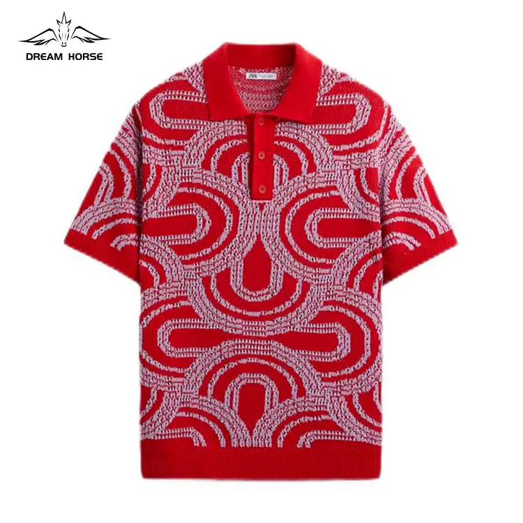 AiNear wholesale custom logo design oem & odm short sleeve polo neck jacquard men's wool blend knitted pullover t-shirt sweater