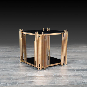 Tavolino da Caffè <span class=keywords><strong>Moderno</strong></span> di Lusso Convertibile in Acciaio Inox Quadrato 50x50cm con Vetro Temperato Nero e Angoli Dorati a Specchio - Product Image 1