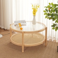 Table basse en bois d'hévéa nordique avec plateau en verre trempé tressé, espace de rangement, design moderne et élégant, pour salon, balcon, usage de loisirs, double niveau