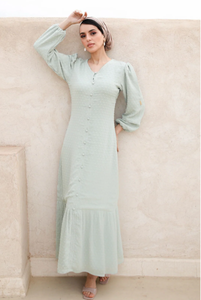 Robe midi vintage élégante à motif floral texturé à pois, col en V, manches longues bouffantes, ourlet à volants pour femmes - Product Image 2